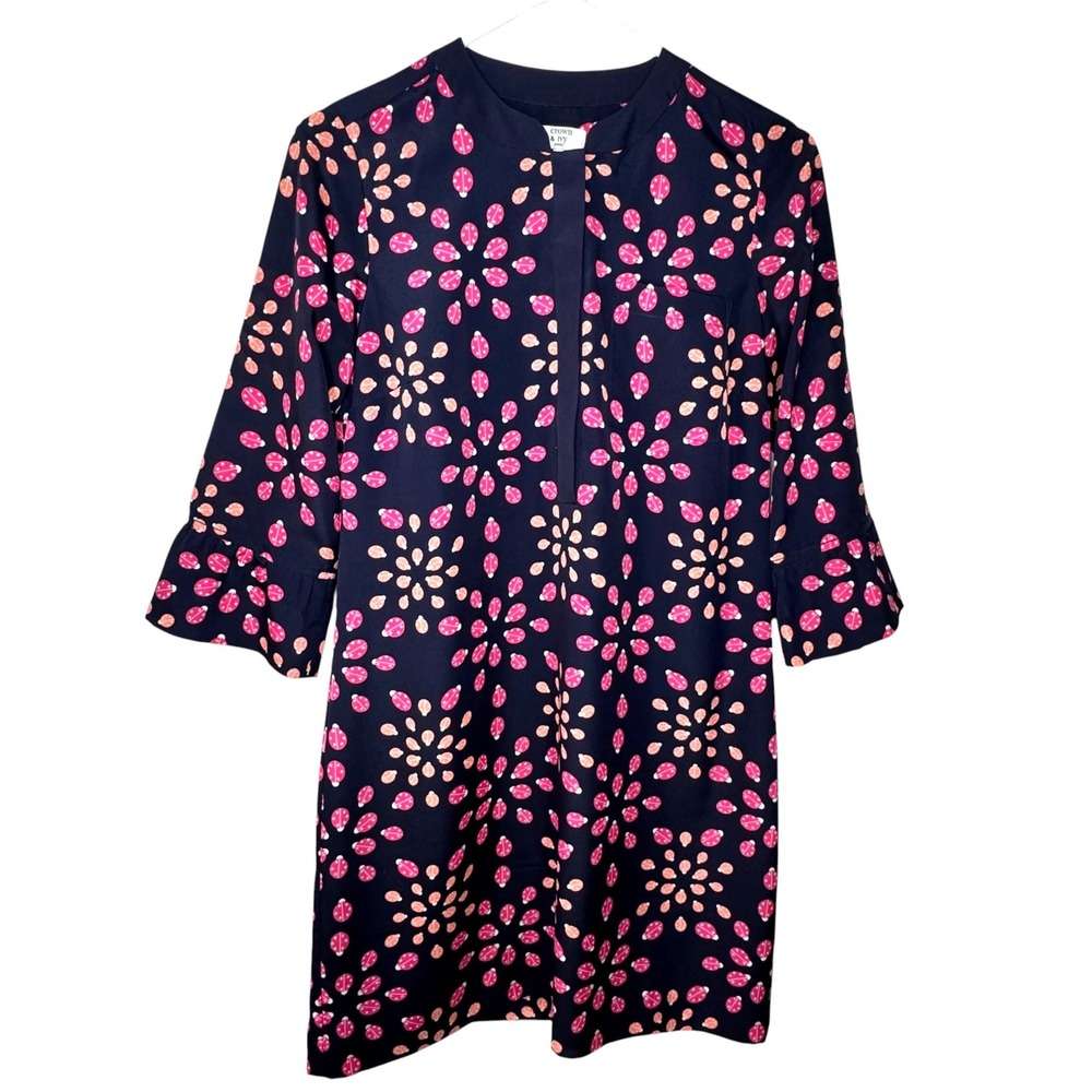 Crown & Ivy Navy Pink Ladybug Shift Dress Womens 4P Petite Ruffle Sleeve Whimsy